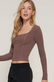 Long Sleeve Sweetheart Neck Seam Detail Knit Top