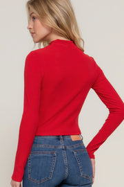 Long Sleeve Mock Neck Keyhole Rib Knit Top