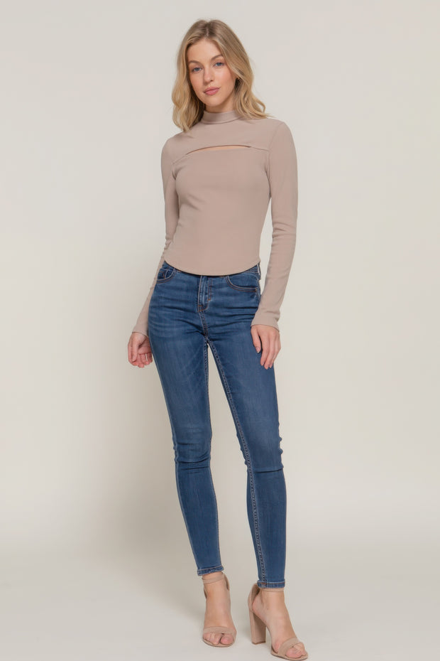 Long Sleeve Mock Neck Keyhole Rib Knit Top