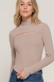 Long Sleeve Mock Neck Keyhole Rib Knit Top