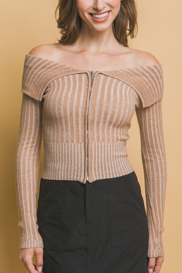 Ribbed Bardot Zip Up Long Sleeve