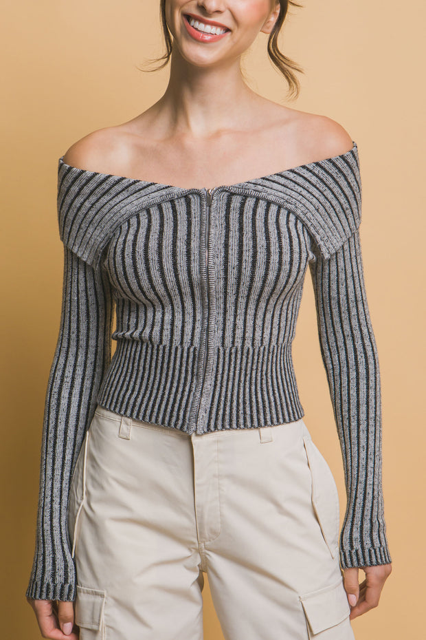 Ribbed Bardot Zip Up Long Sleeve