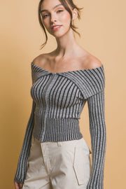 Ribbed Bardot Zip Up Long Sleeve