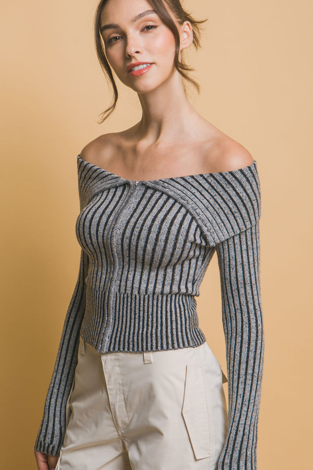 Ribbed Bardot Zip Up Long Sleeve