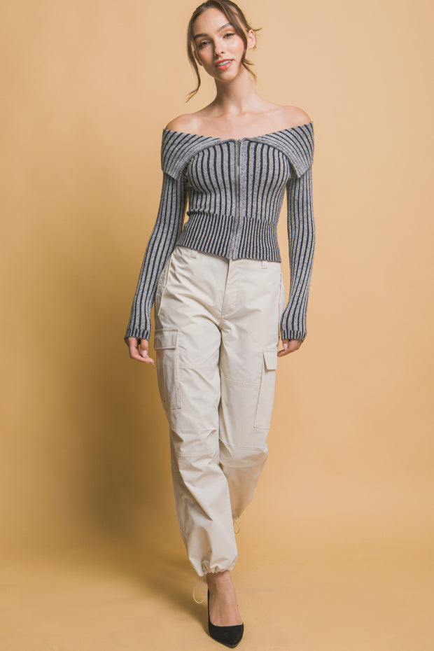 Ribbed Bardot Zip Up Long Sleeve