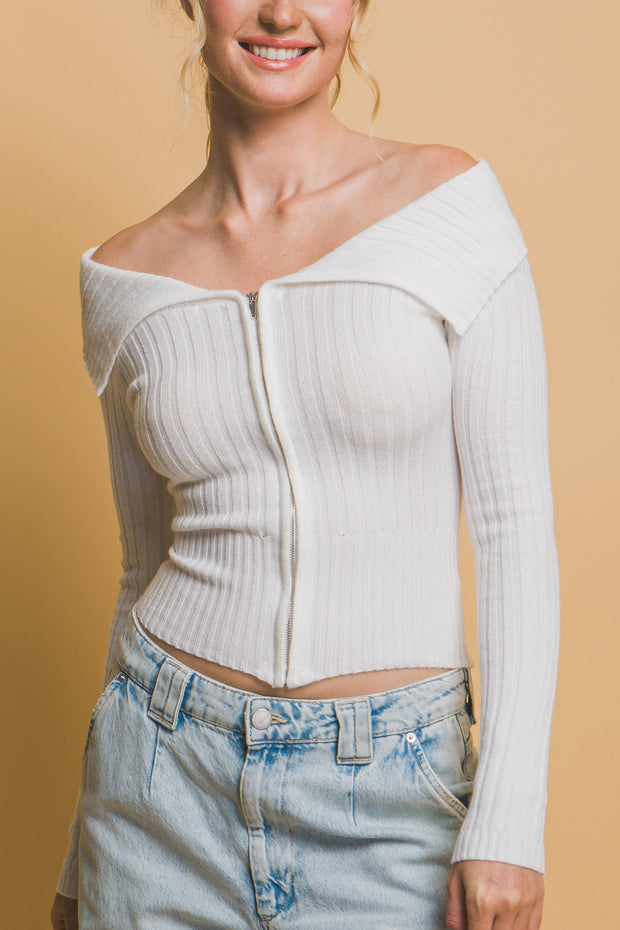 Ribbed Bardot Zip Up Long Sleeve