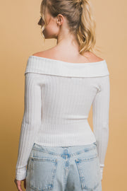 Ribbed Bardot Zip Up Long Sleeve