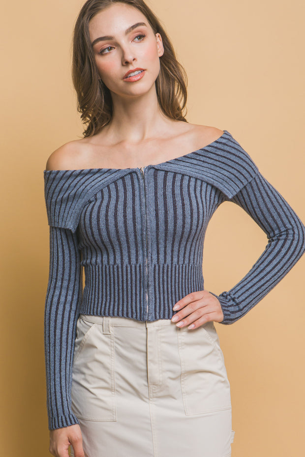 Ribbed Bardot Zip Up Long Sleeve