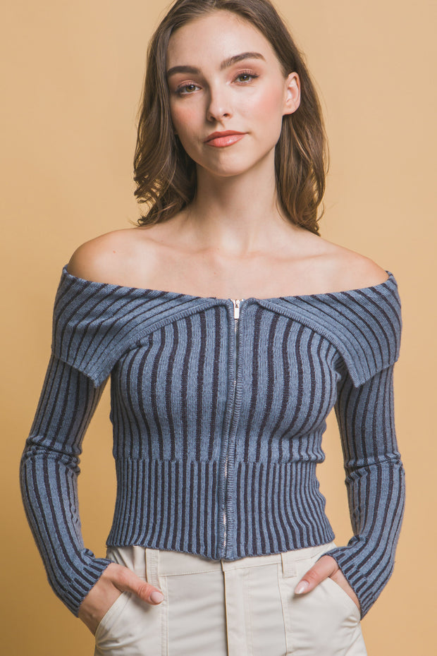 Ribbed Bardot Zip Up Long Sleeve