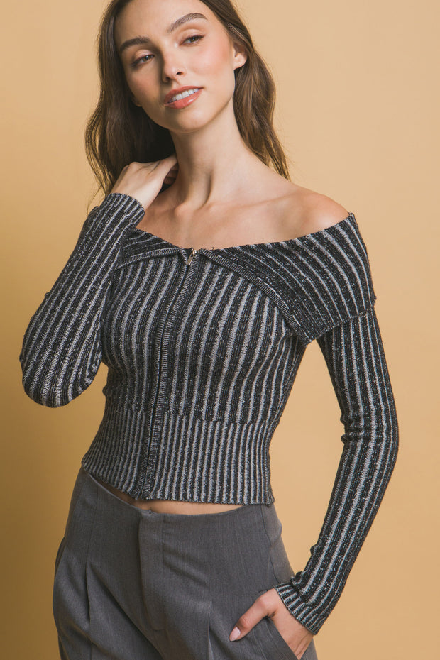 Ribbed Bardot Zip Up Long Sleeve