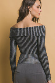 Ribbed Bardot Zip Up Long Sleeve