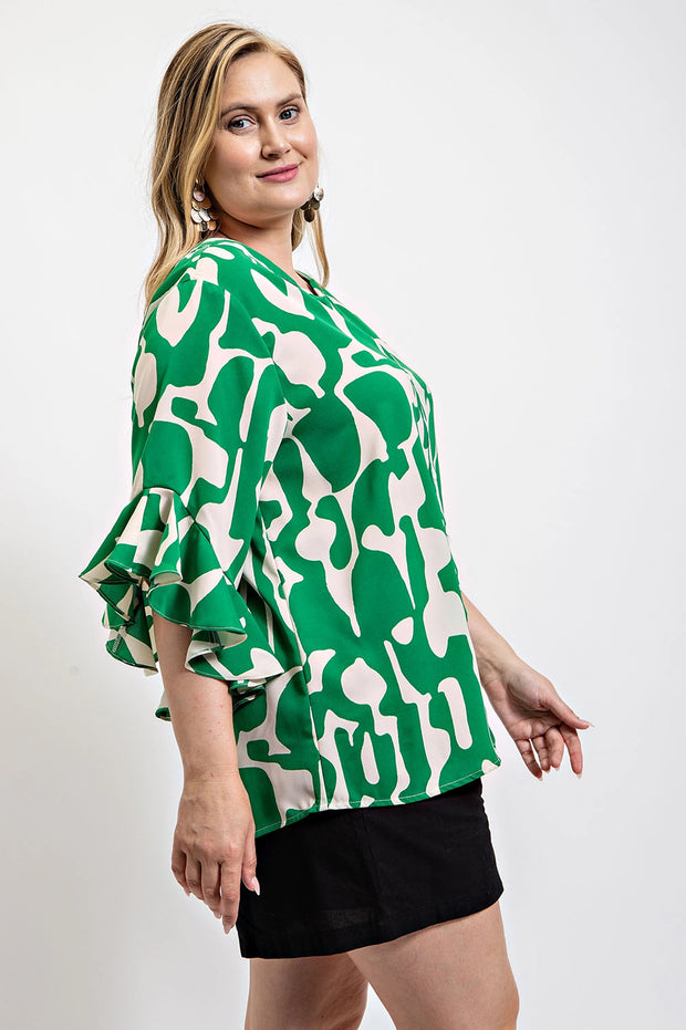 Geometric Print Ruffled Bell Sleeve Woven Top (Plus Size)