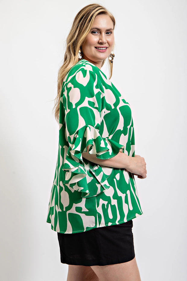 Geometric Print Ruffled Bell Sleeve Woven Top (Plus Size)