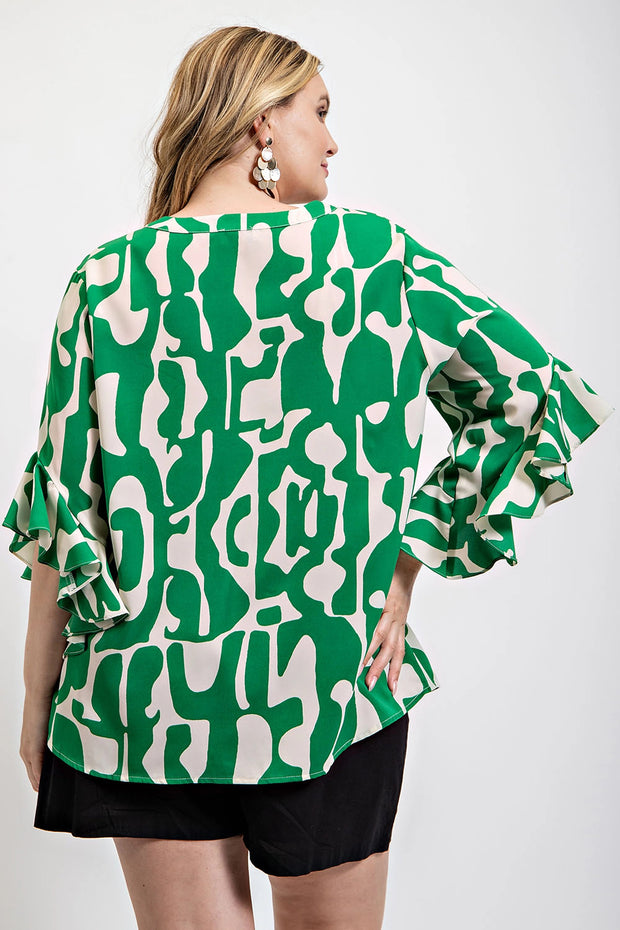 Geometric Print Ruffled Bell Sleeve Woven Top (Plus Size)