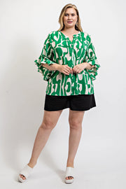 Geometric Print Ruffled Bell Sleeve Woven Top (Plus Size)