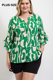 Geometric Print Ruffled Bell Sleeve Woven Top (Plus Size)