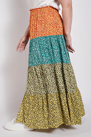 Ditsy Floral Color Block Skirt With Front Slit (Plus Size)