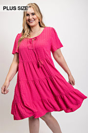 Textured Woven Tiered Dress With Tassel Tie And Pockets (Plus Size)