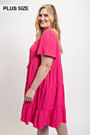 Textured Woven Tiered Dress With Tassel Tie And Pockets (Plus Size)