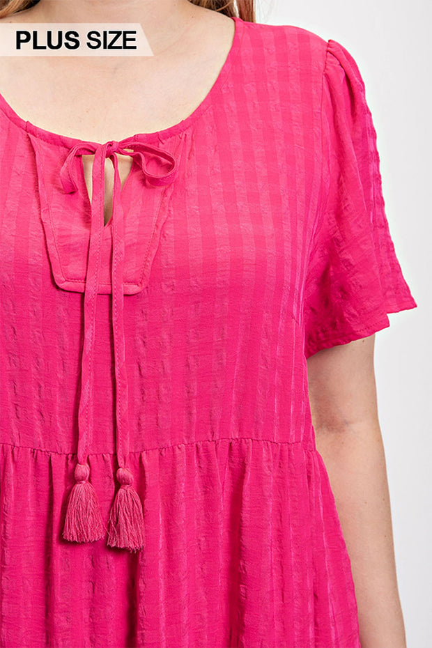 Textured Woven Tiered Dress With Tassel Tie And Pockets (Plus Size)