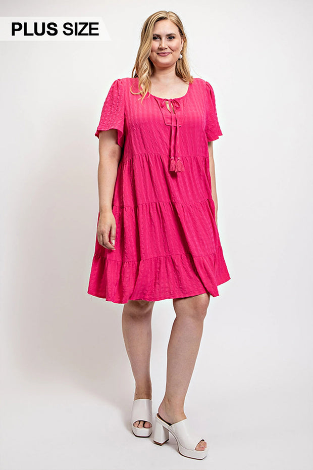 Textured Woven Tiered Dress With Tassel Tie And Pockets (Plus Size)