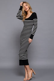 Long Sleeve Round Neck Stripe Sweater Long Dress