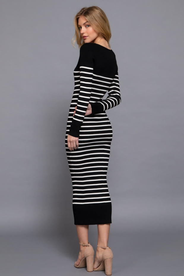 Long Sleeve Round Neck Stripe Sweater Long Dress