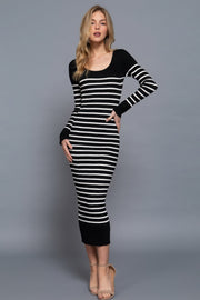 Long Sleeve Round Neck Stripe Sweater Long Dress