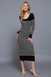 Long Sleeve Round Neck Stripe Sweater Long Dress