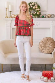 Plaid Print Baby Doll Puff Sleeve Top With Contrasting Lace Trim Detail