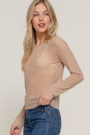 Long Sleeve Mesh With Rhinestone Top