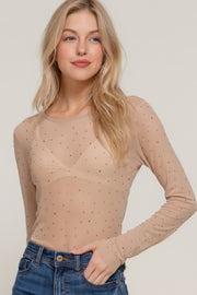 Long Sleeve Mesh With Rhinestone Top