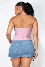 Halter Ribbon Open-back Crop Top