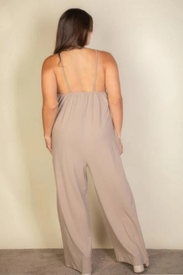 Plus Spaghetti Strap Solid Wide Jumpsuit