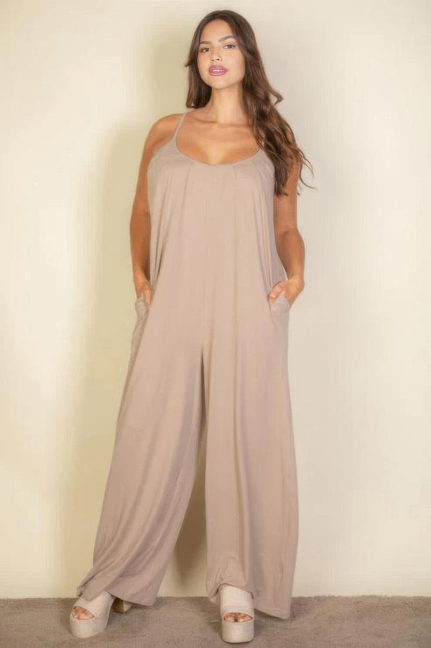 Plus Spaghetti Strap Solid Wide Jumpsuit