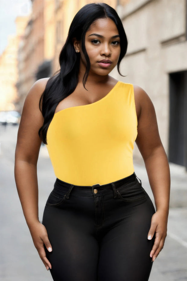 Plus Size One Shoulder Solid Casual Bodysuit