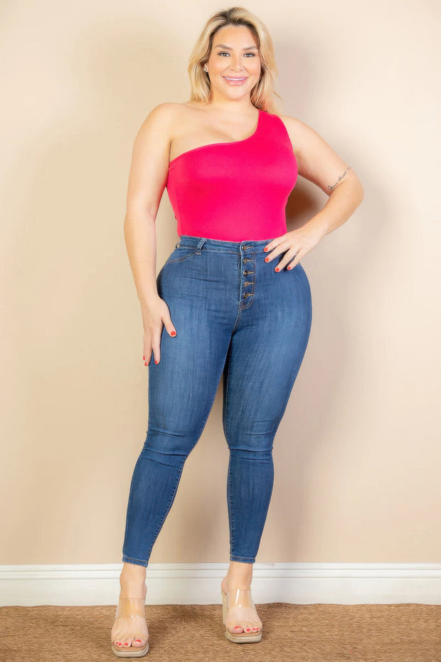 Plus Size One Shoulder Solid Casual Bodysuit