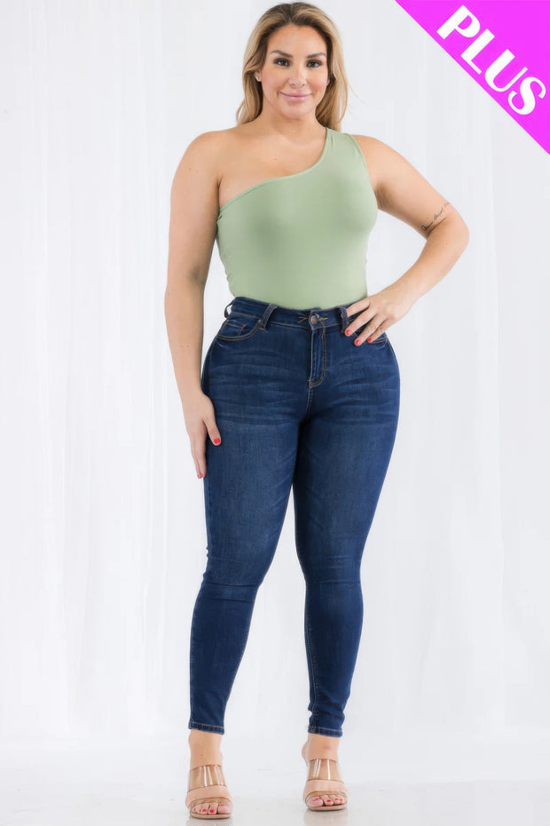 Plus Size One Shoulder Solid Casual Bodysuit