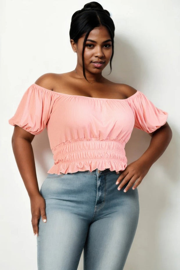 Plus Size Casual Ruched Puff Sleeve Ribbed Knit Solid Top