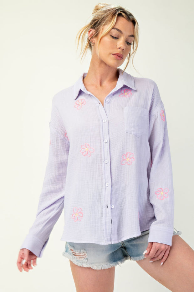 Embo Detailed Cotton Gauze Button Down Shirt