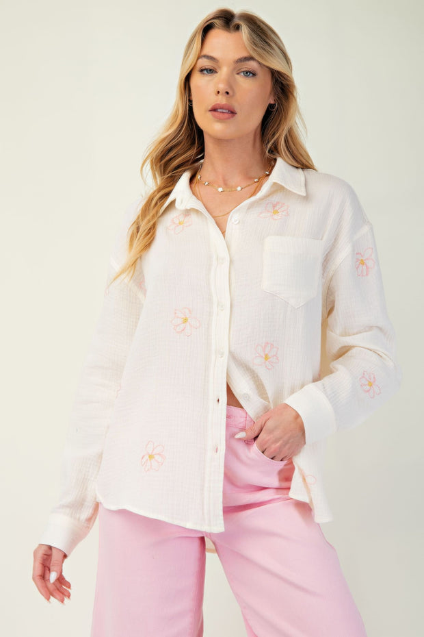 Embo Detailed Cotton Gauze Button Down Shirt