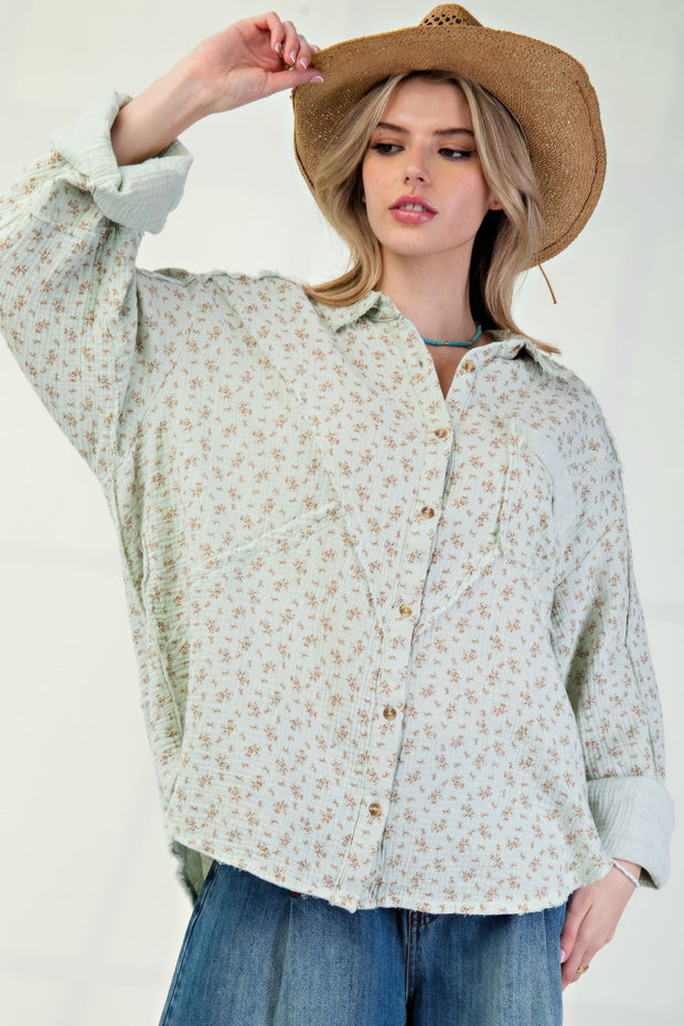 Printed Cotton Gauze Button Down Woven Shirt