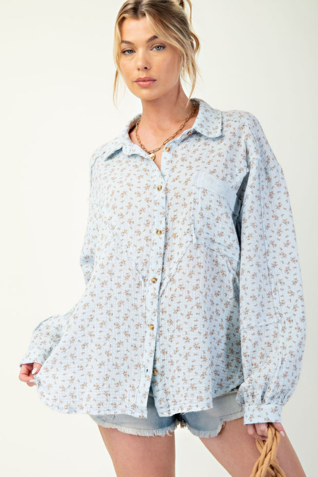 Printed Cotton Gauze Button Down Woven Shirt