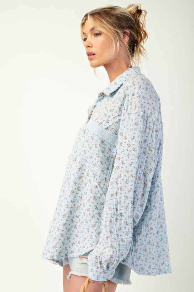 Printed Cotton Gauze Button Down Woven Shirt