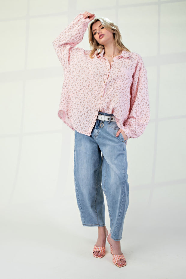 Printed Cotton Gauze Button Down Woven Shirt