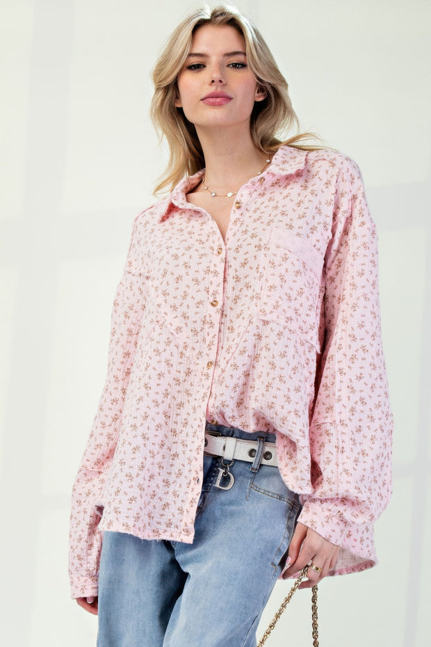 Printed Cotton Gauze Button Down Woven Shirt