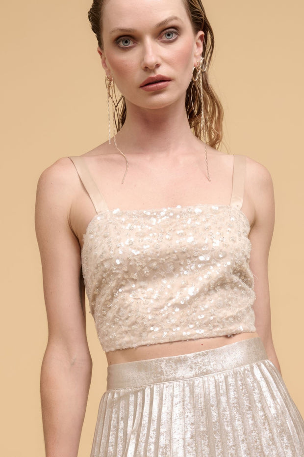 Floral Sequins Straight Neck Crop Top