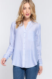 Long Sleeve Split Round Neck Stripe Woven Shirt