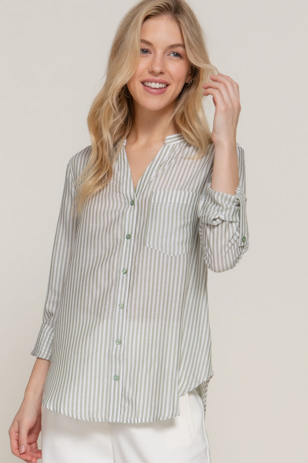 Long Sleeve Split Round Neck Stripe Woven Shirt