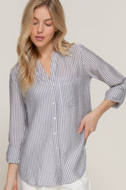 Long Sleeve Split Round Neck Stripe Woven Shirt